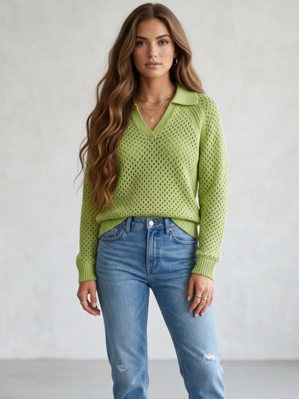 NEW Indigo Thread Co Open Knit Sweater Split V Neck Collar Casual Preppy Size M